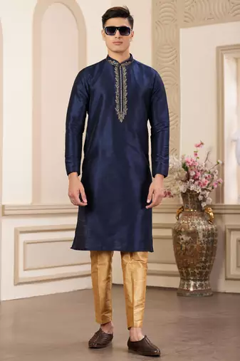 men's blue plain banarasi art silk straight kurta pajama with without lining
