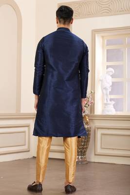 men's blue plain banarasi art silk straight kurta pajama with without lining 4