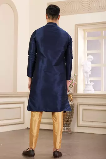 men's blue plain banarasi art silk straight kurta pajama with without lining