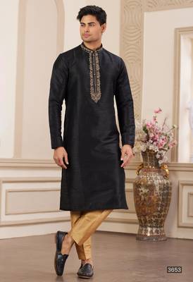 men's black plain banarasi art silk straight kurta pajama with without lining 1