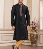 men's black plain banarasi art silk straight kurta pajama with without lining
