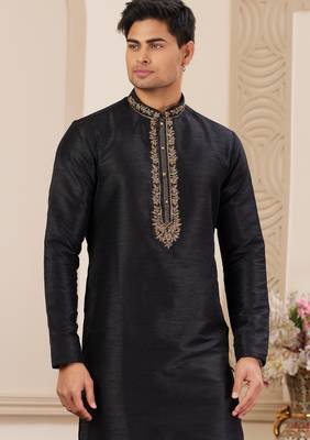men's black plain banarasi art silk straight kurta pajama with without lining 2