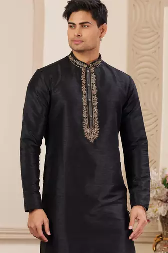 men's black plain banarasi art silk straight kurta pajama with without lining