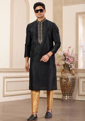 men's black plain banarasi art silk straight kurta pajama with without lining 3