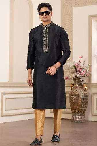 men's black plain banarasi art silk straight kurta pajama with without lining