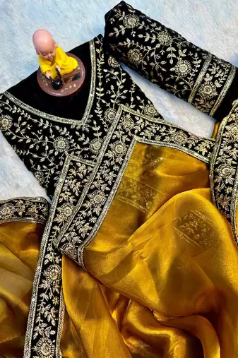 Premium jimmy choo with velvet embroidered lace border saree with blouse