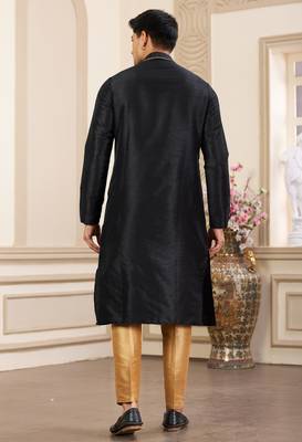 men's black plain banarasi art silk straight kurta pajama with without lining 4