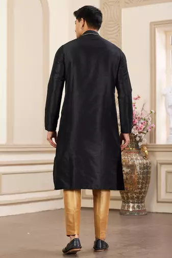 men's black plain banarasi art silk straight kurta pajama with without lining