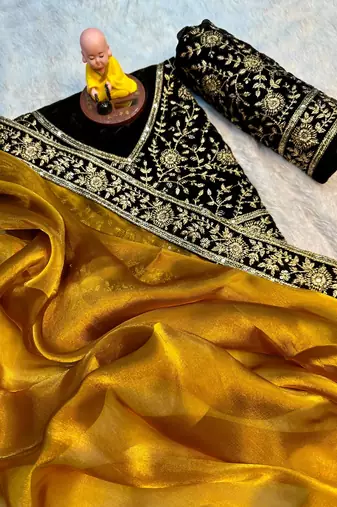 Premium jimmy choo with velvet embroidered lace border saree with blouse