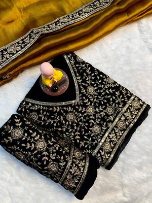 Premium jimmy choo with velvet embroidered lace border saree with blouse 5