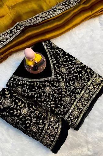 Premium jimmy choo with velvet embroidered lace border saree with blouse