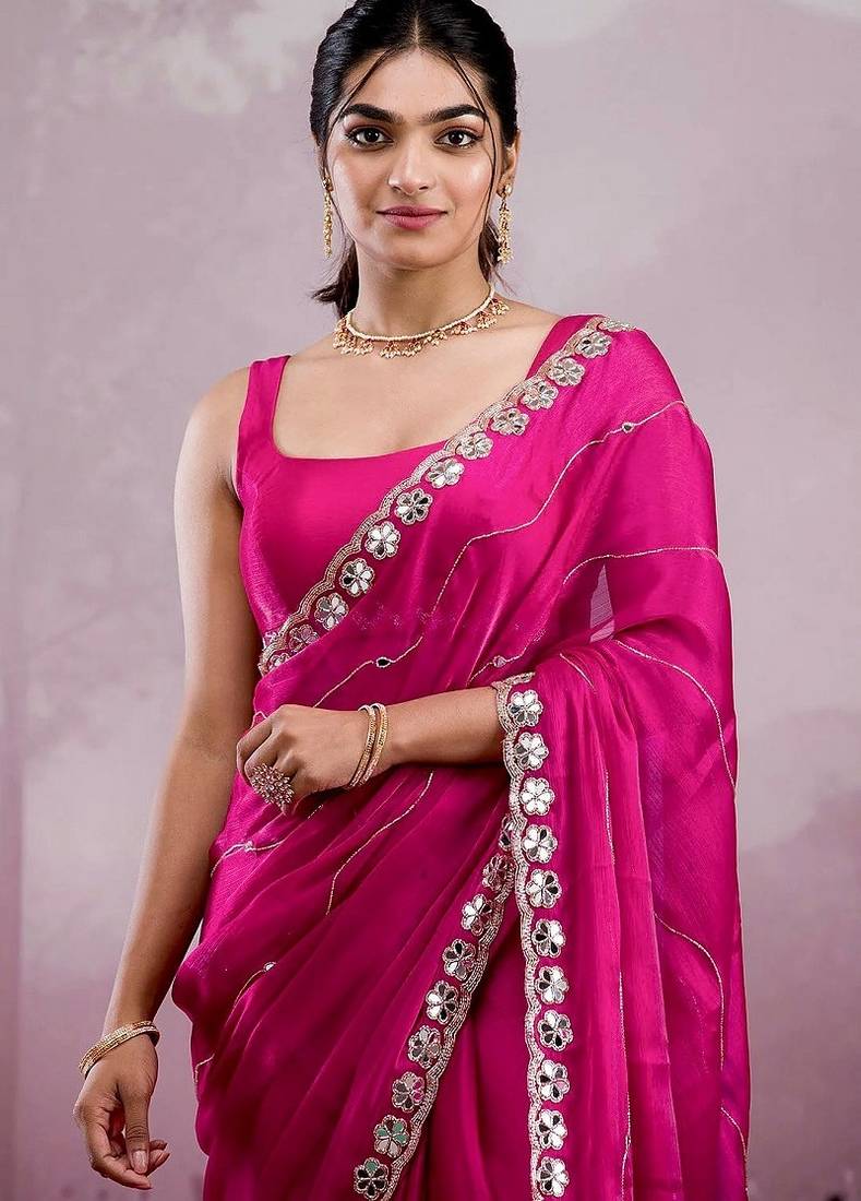 Ranipink soft burberry silk with embroidery and real mirror hand work saree with blouse