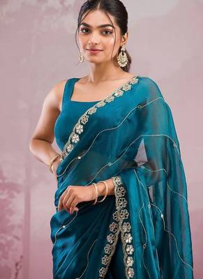 Teal soft burberry silk with embroidery and real mirror hand work saree with blouse 1