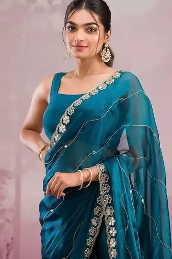 Teal soft burberry silk with embroidery and real mirror hand work saree with blouse