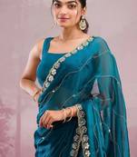 Teal soft burberry silk with embroidery and real mirror hand work saree with blouse