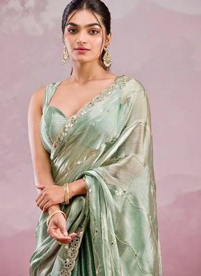 Pista soft burberry silk with embroidery and real mirror hand work saree with blouse 1