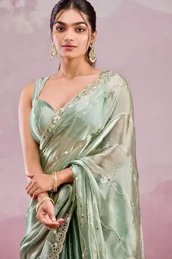 Pista soft burberry silk with embroidery and real mirror hand work saree with blouse
