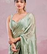 Pista soft burberry silk with embroidery and real mirror hand work saree with blouse