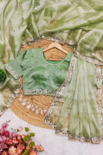 Pista soft burberry silk with embroidery and real mirror hand work saree with blouse