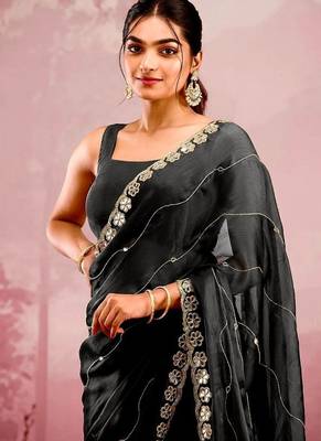 Black soft burberry silk with embroidery and real mirror hand work saree with blouse 1