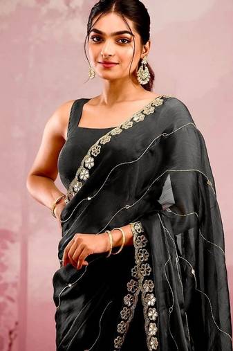 Black soft burberry silk with embroidery and real mirror hand work saree with blouse