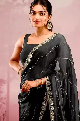 Black soft burberry silk with embroidery and real mirror hand work saree with blouse
