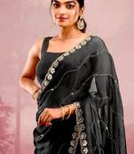 Black soft burberry silk with embroidery and real mirror hand work saree with blouse
