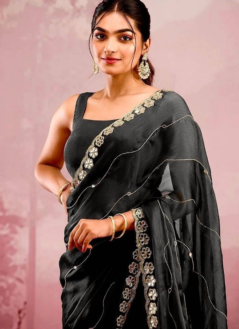 Black soft burberry silk with embroidery and real mirror hand work saree with blouse