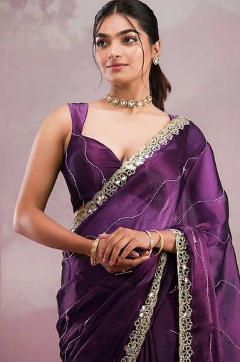 Wine soft burberry silk with embroidery and real mirror hand work saree with blouse