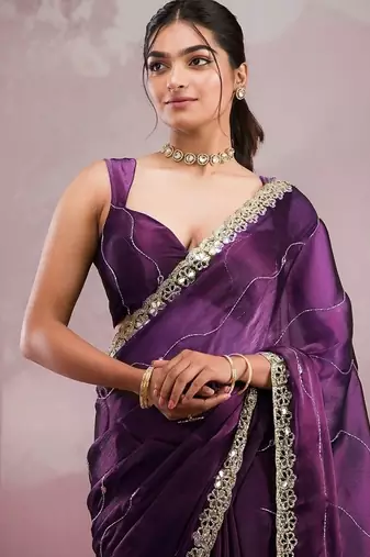 Wine soft burberry silk with embroidery and real mirror hand work saree with blouse