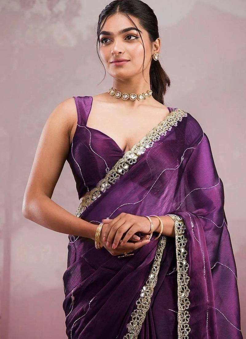 Wine soft burberry silk with embroidery and real mirror hand work saree with blouse