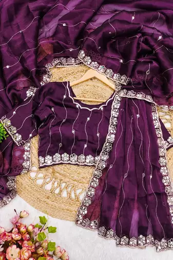 Wine soft burberry silk with embroidery and real mirror hand work saree with blouse