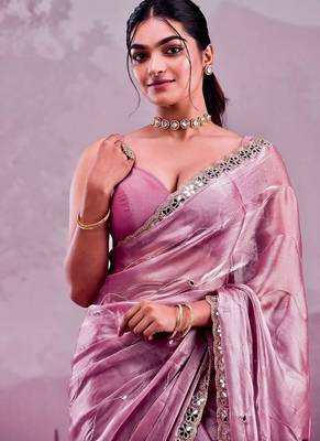 Pink soft burberry silk with embroidery and real mirror hand work saree with blouse 1
