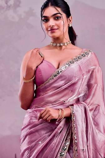 Pink soft burberry silk with embroidery and real mirror hand work saree with blouse