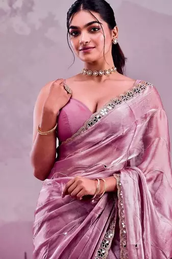 Pink soft burberry silk with embroidery and real mirror hand work saree with blouse