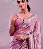 Pink soft burberry silk with embroidery and real mirror hand work saree with blouse
