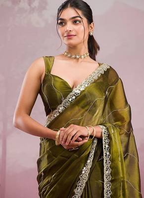 Mehendi soft burberry silk with embroidery and real mirror hand work saree with blouse 1