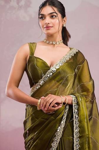 Mehendi soft burberry silk with embroidery and real mirror hand work saree with blouse