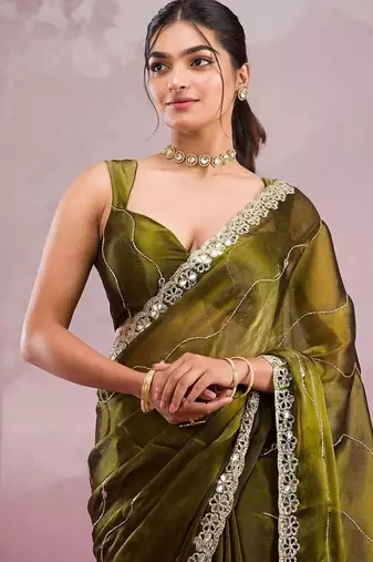 Mehendi soft burberry silk with embroidery and real mirror hand work saree with blouse