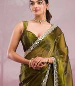 Mehendi soft burberry silk with embroidery and real mirror hand work saree with blouse