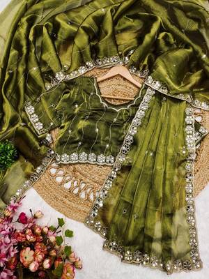 Mehendi soft burberry silk with embroidery and real mirror hand work saree with blouse 2