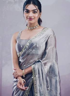 Grey soft burberry silk with embroidery and real mirror hand work saree with blouse 1