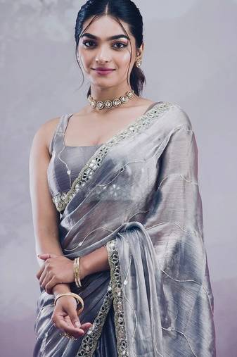Grey soft burberry silk with embroidery and real mirror hand work saree with blouse