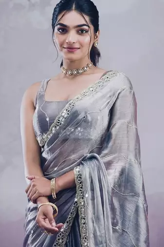 Grey soft burberry silk with embroidery and real mirror hand work saree with blouse