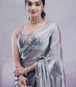 Grey soft burberry silk with embroidery and real mirror hand work saree with blouse