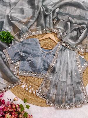 Grey soft burberry silk with embroidery and real mirror hand work saree with blouse 2