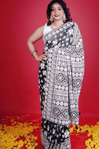 Black faux georgette with embroidered thread work saree with blouse