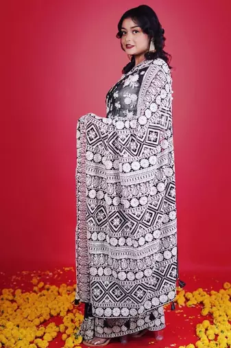 Black faux georgette with embroidered thread work saree with blouse