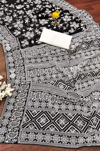 Black faux georgette with embroidered thread work saree with blouse