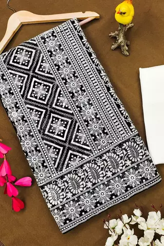 Black faux georgette with embroidered thread work saree with blouse